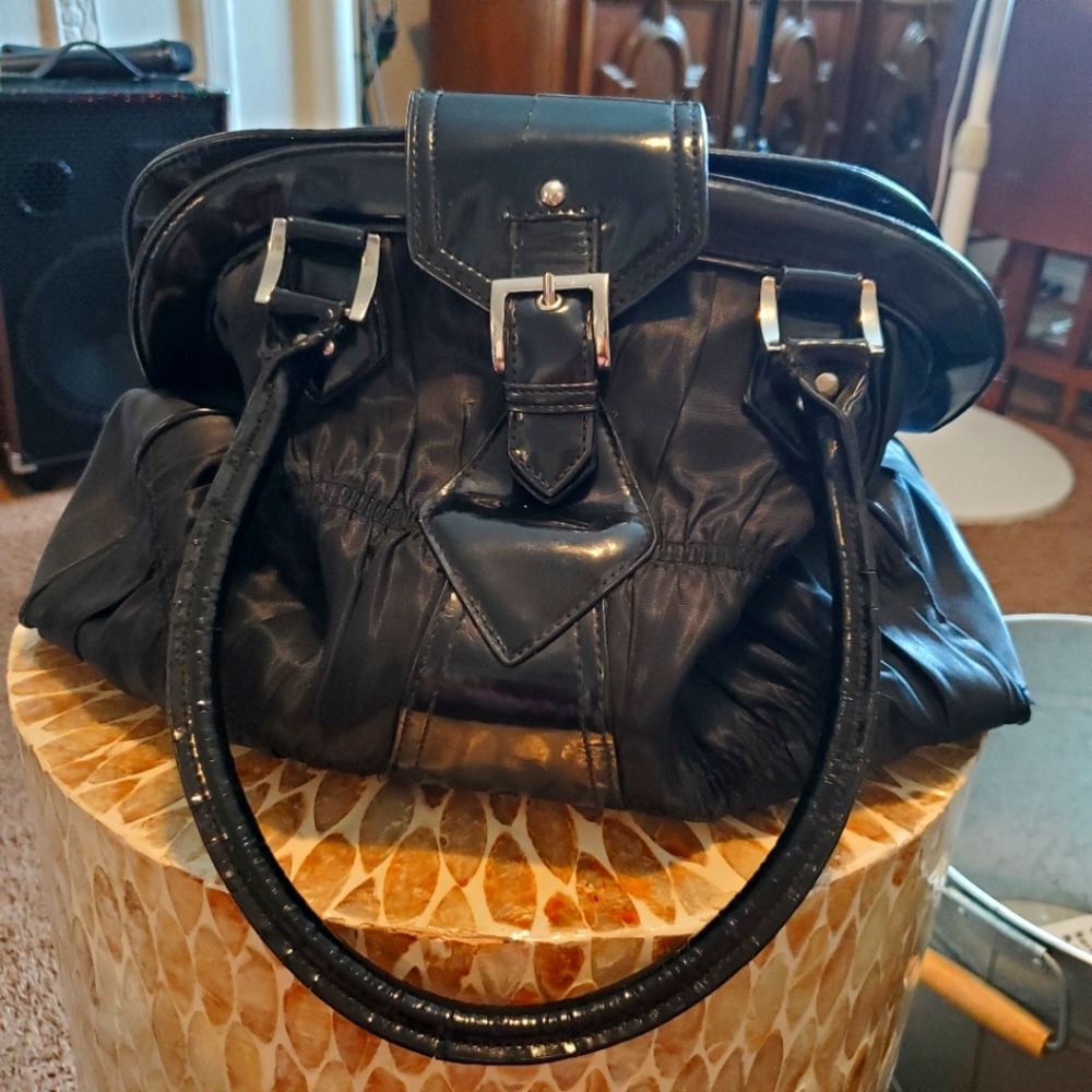 Daisy Fuentes Black Fabric and Faux Patent Leather Satchel Bag